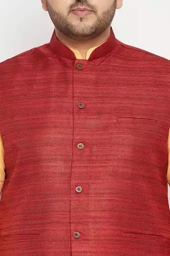 fawn, maroon and white cotton blend jacket kurta pyjama set