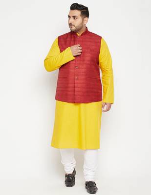 mustard, maroon and white cotton blend jacket kurta pyjama set 1