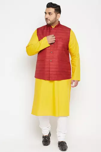 mustard, maroon and white cotton blend jacket kurta pyjama set