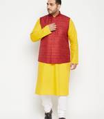 mustard, maroon and white cotton blend jacket kurta pyjama set