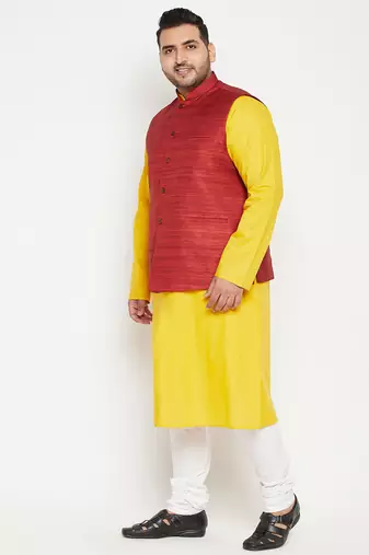 mustard, maroon and white cotton blend jacket kurta pyjama set