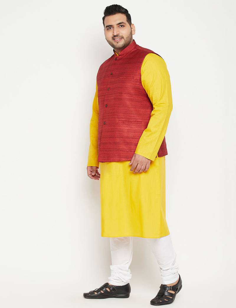 mustard, maroon and white cotton blend jacket kurta pyjama set