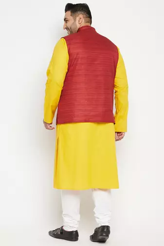 mustard, maroon and white cotton blend jacket kurta pyjama set