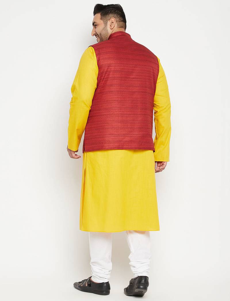 mustard, maroon and white cotton blend jacket kurta pyjama set