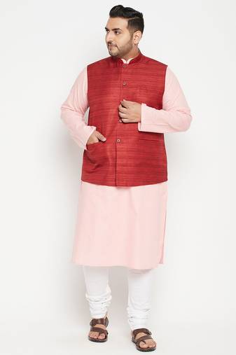 pink, maroon and white cotton blend jacket kurta pyjama set