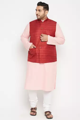 pink, maroon and white cotton blend jacket kurta pyjama set