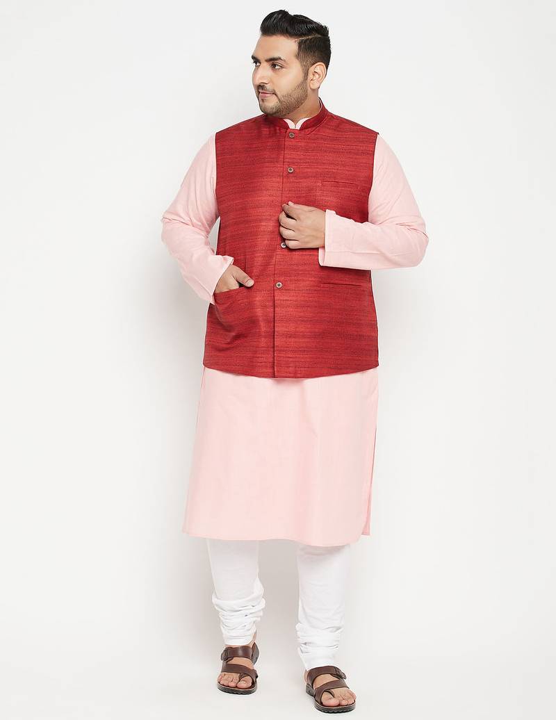 pink, maroon and white cotton blend jacket kurta pyjama set