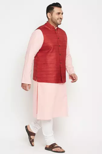 pink, maroon and white cotton blend jacket kurta pyjama set