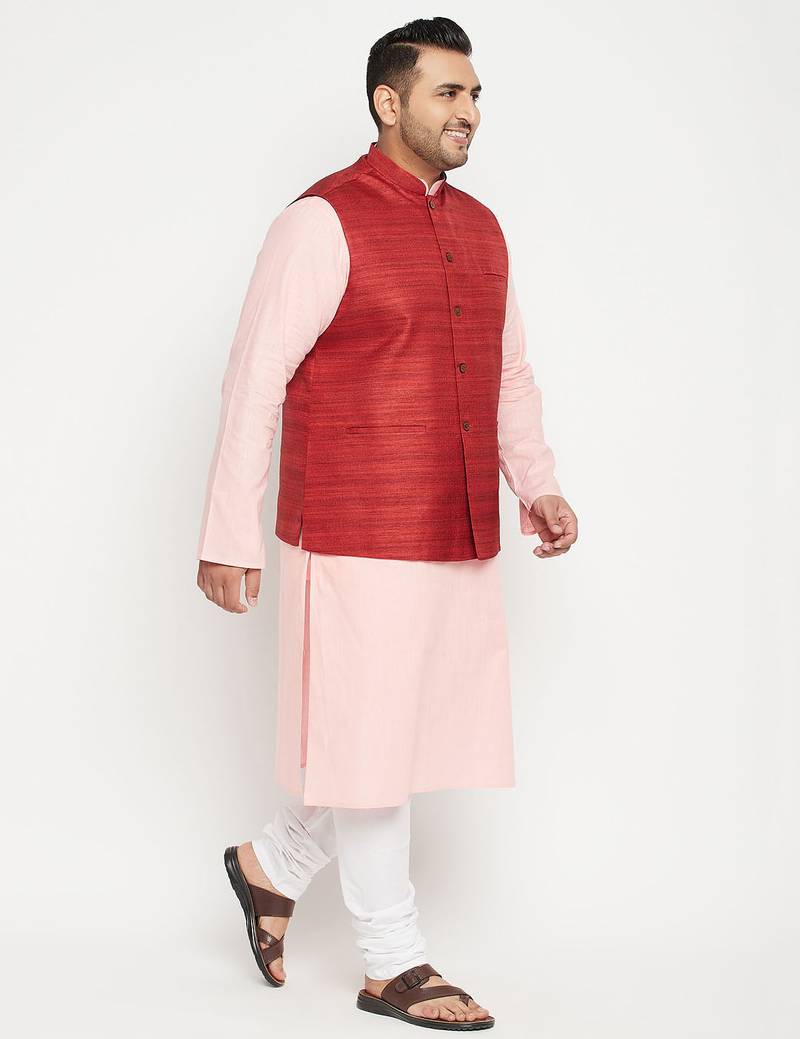 pink, maroon and white cotton blend jacket kurta pyjama set
