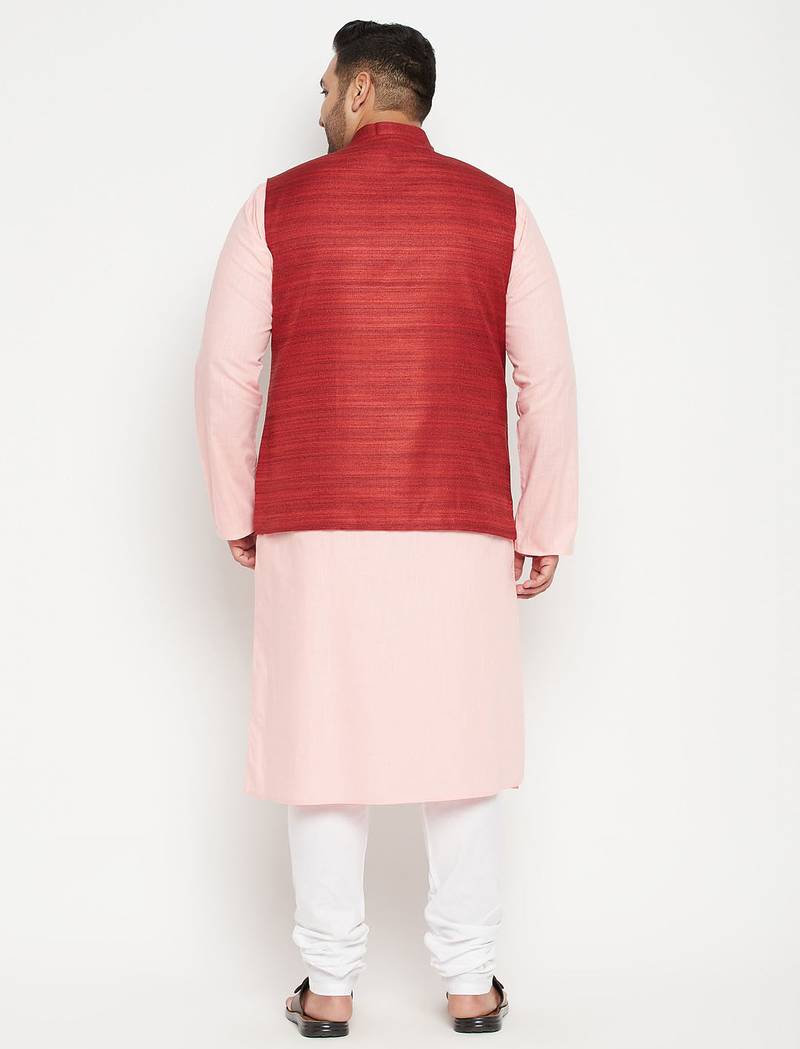 pink, maroon and white cotton blend jacket kurta pyjama set