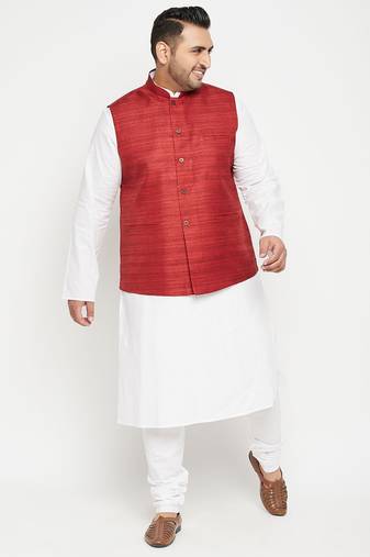 white, maroon and white cotton blend jacket kurta pyjama set