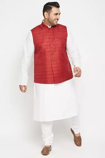 white, maroon and white cotton blend jacket kurta pyjama set