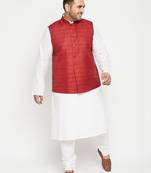 white, maroon and white cotton blend jacket kurta pyjama set