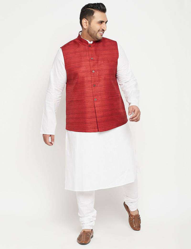 white, maroon and white cotton blend jacket kurta pyjama set
