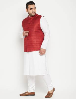 white, maroon and white cotton blend jacket kurta pyjama set 2