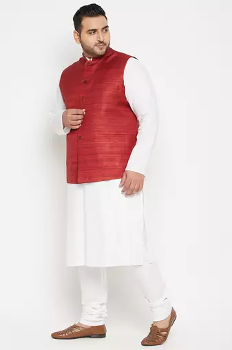 white, maroon and white cotton blend jacket kurta pyjama set