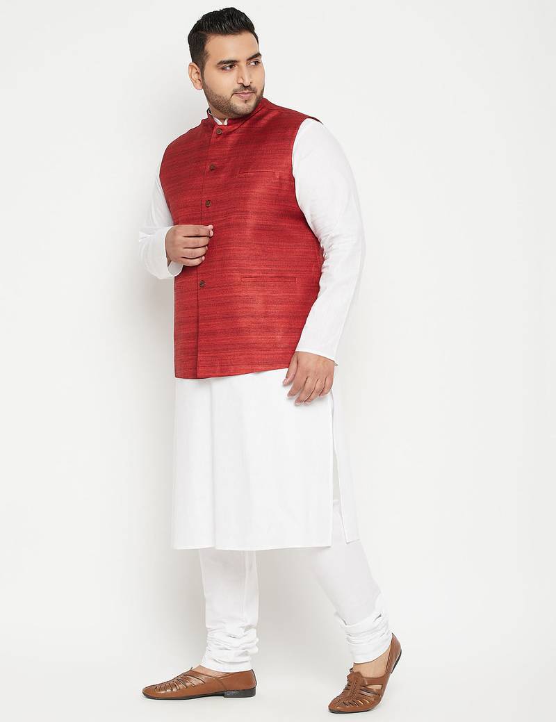 white, maroon and white cotton blend jacket kurta pyjama set
