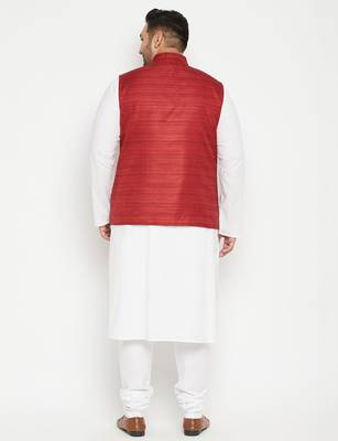 white, maroon and white cotton blend jacket kurta pyjama set 3