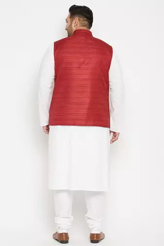 white, maroon and white cotton blend jacket kurta pyjama set