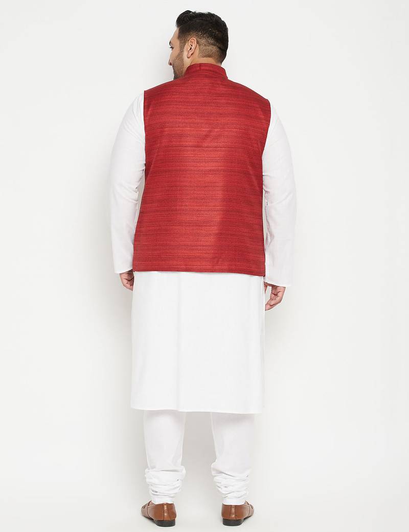 white, maroon and white cotton blend jacket kurta pyjama set