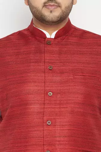 white, maroon and white cotton blend jacket kurta pyjama set
