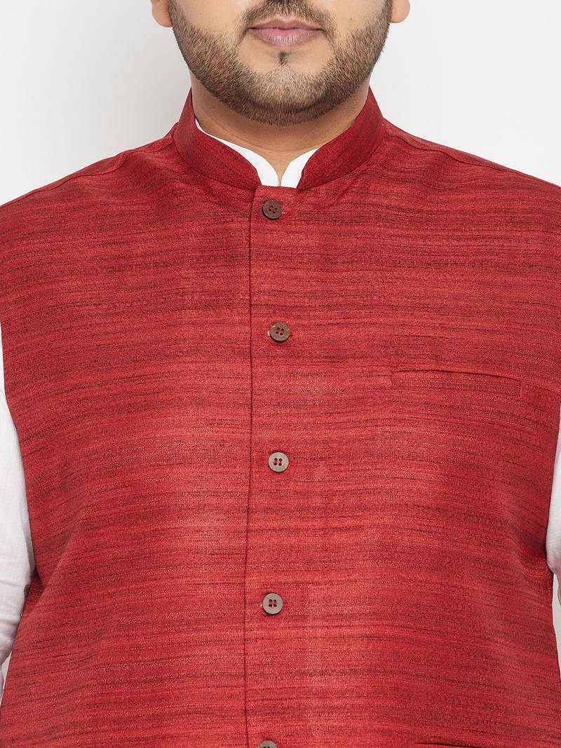white, maroon and white cotton blend jacket kurta pyjama set