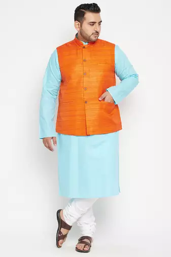 aqua blue, orange and white cotton blend jacket kurta pyjama set