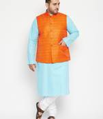 aqua blue, orange and white cotton blend jacket kurta pyjama set