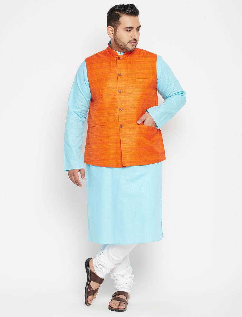 aqua blue, orange and white cotton blend jacket kurta pyjama set