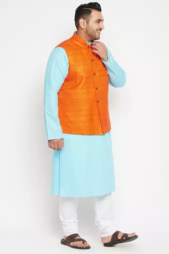 aqua blue, orange and white cotton blend jacket kurta pyjama set