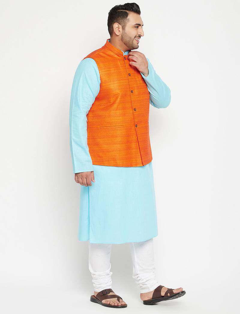 aqua blue, orange and white cotton blend jacket kurta pyjama set