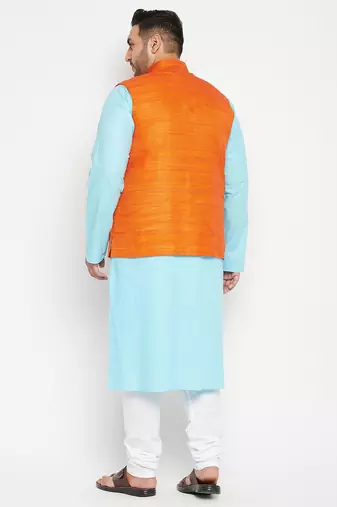 aqua blue, orange and white cotton blend jacket kurta pyjama set