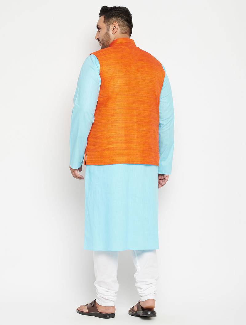 aqua blue, orange and white cotton blend jacket kurta pyjama set