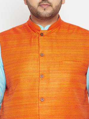 aqua blue, orange and white cotton blend jacket kurta pyjama set 4