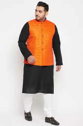 black, orange and white cotton blend jacket kurta pyjama set