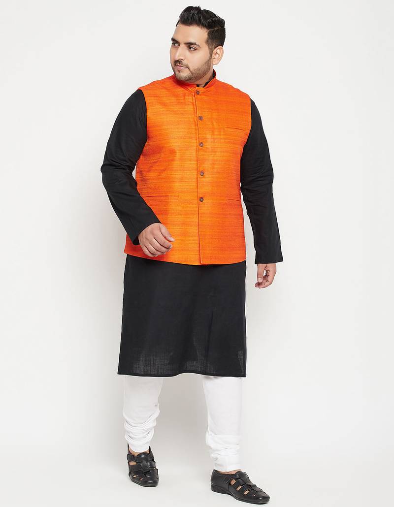 black, orange and white cotton blend jacket kurta pyjama set
