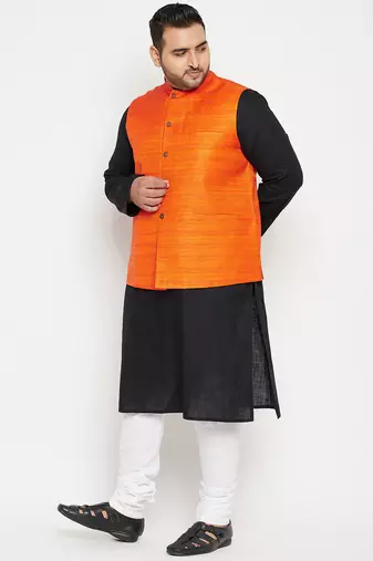 black, orange and white cotton blend jacket kurta pyjama set