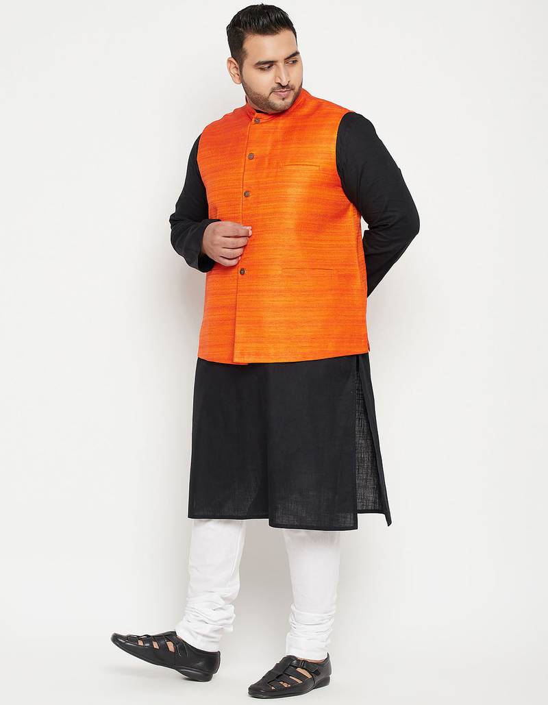 black, orange and white cotton blend jacket kurta pyjama set