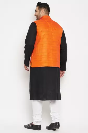black, orange and white cotton blend jacket kurta pyjama set