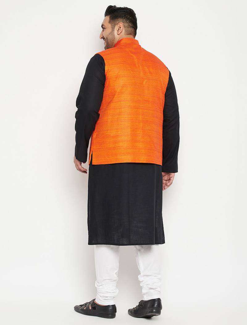 black, orange and white cotton blend jacket kurta pyjama set