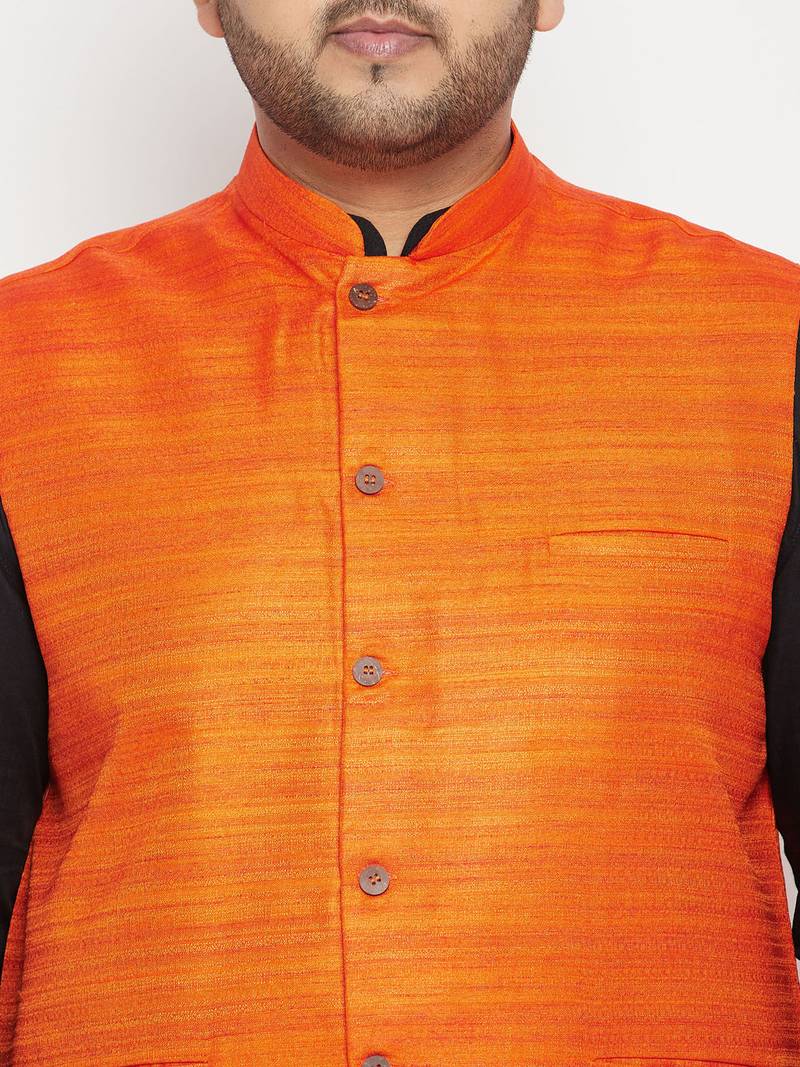black, orange and white cotton blend jacket kurta pyjama set