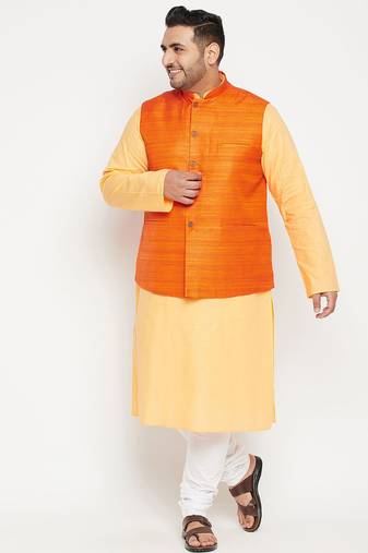 fawn, orange and white cotton blend jacket kurta pyjama set