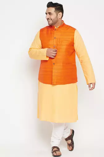 fawn, orange and white cotton blend jacket kurta pyjama set