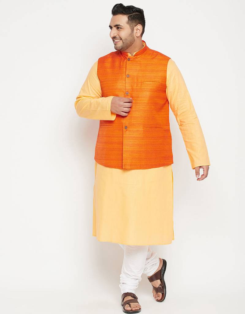 fawn, orange and white cotton blend jacket kurta pyjama set