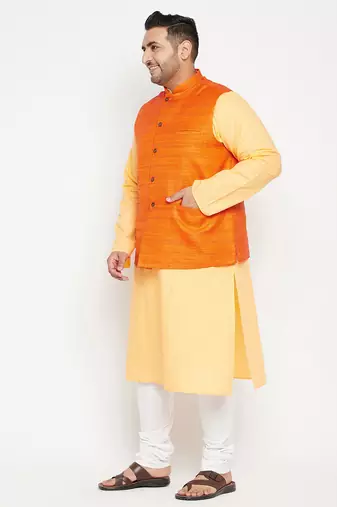 fawn, orange and white cotton blend jacket kurta pyjama set