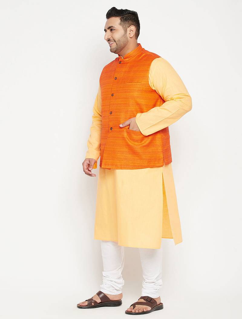 fawn, orange and white cotton blend jacket kurta pyjama set