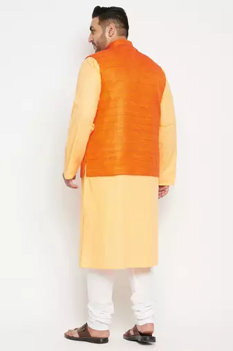 fawn, orange and white cotton blend jacket kurta pyjama set