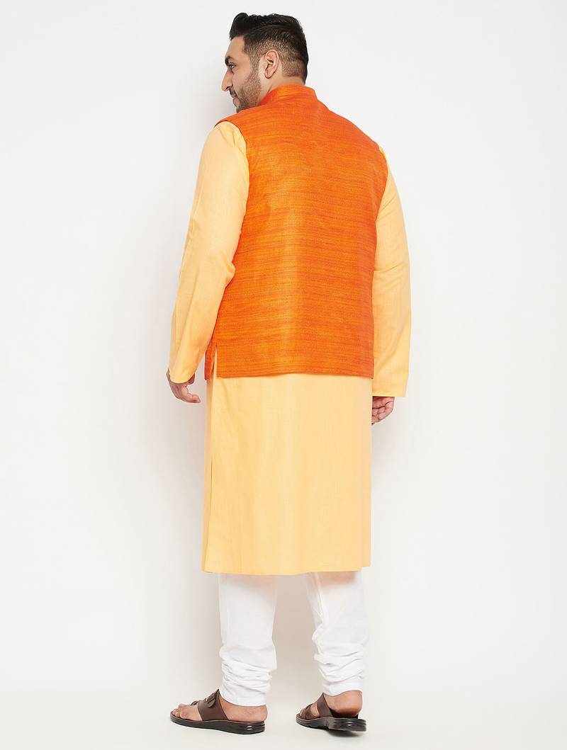 fawn, orange and white cotton blend jacket kurta pyjama set