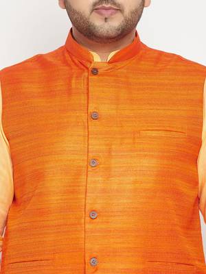 fawn, orange and white cotton blend jacket kurta pyjama set 4
