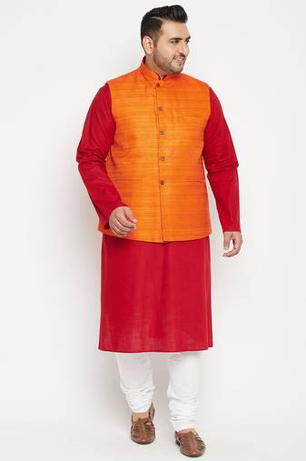 maroon, orange and white cotton blend jacket kurta pyjama set